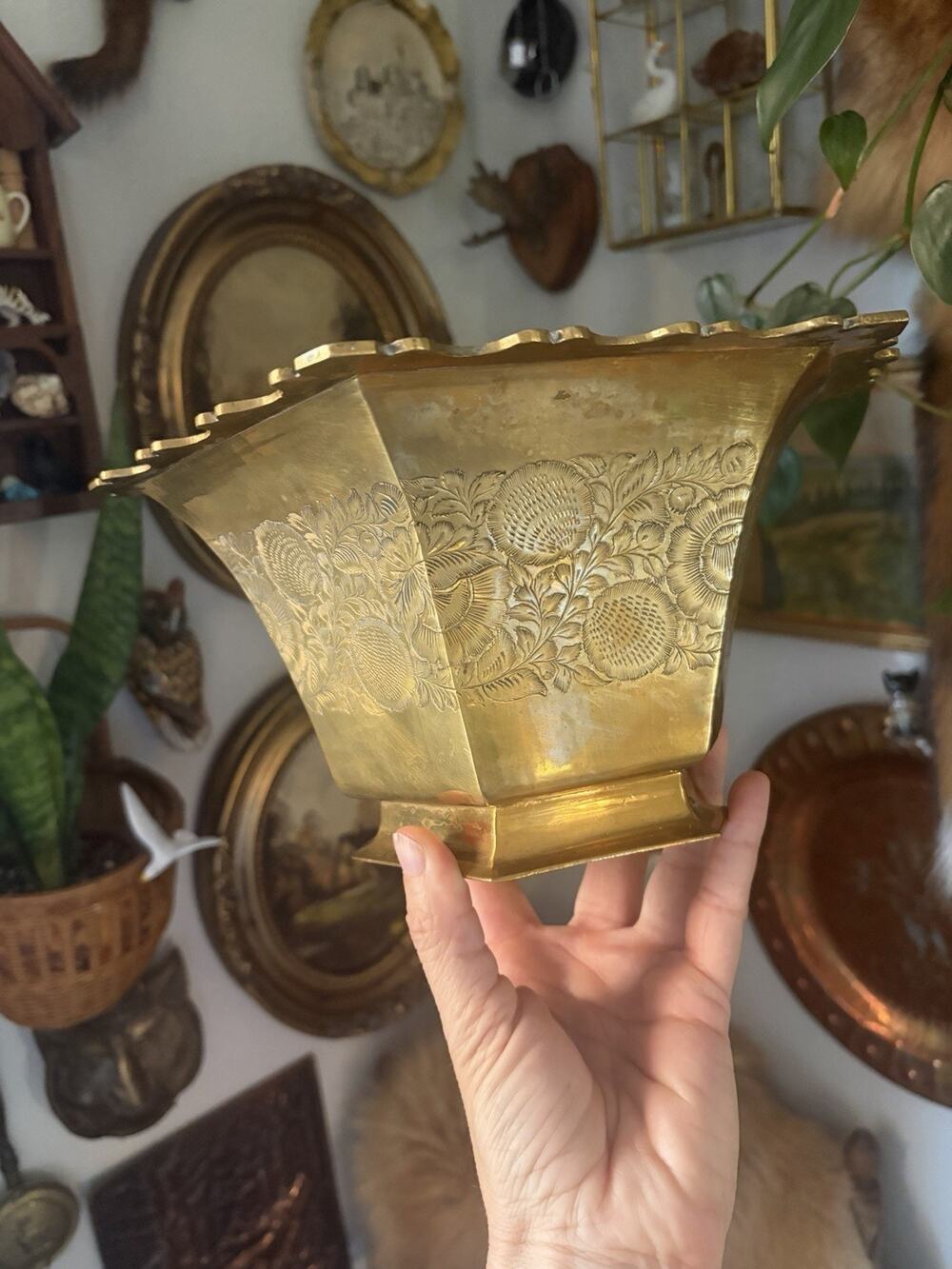 Vintage Midcentury Solid Brass Planter Heavy Floral Etched Brass Bowl